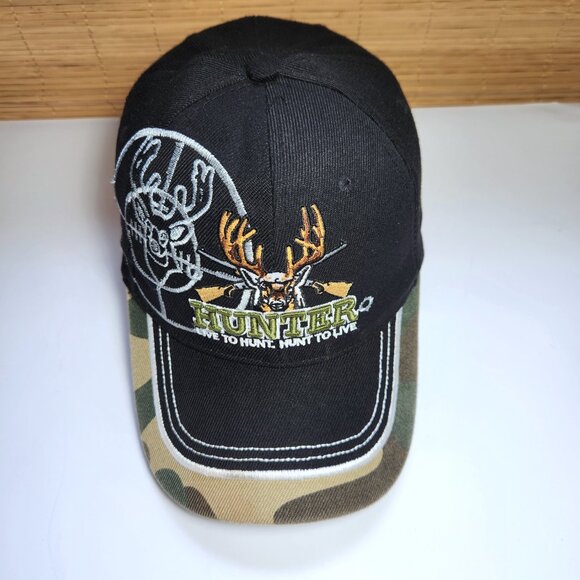 Hunter Hat Cap Live to Hunt Hook & Loop Adjustable Deer Buck Black & Cammo - Picture 5 of 12